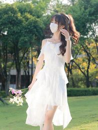 Casual Dresses Korean Summer Chiffon Fairy Dress Women Solid Elegant Party Midi Female Sweet Fashion Pink Clothes