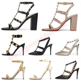 Designer High Heel VT Sandal Dress Shoes Ankle Strap Roman Studs Black Nude Strip Rivets Womens Stiletto Block Heel Sandal Wedding Party Dress Shoes