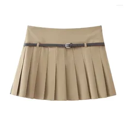 Skirts -Women's Wide Pleated Mini Skirt Belt Mid-rise Ruched Short Vintage Women's