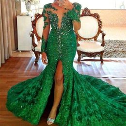 Mermaid Long Sleeves Prom Dresses 2019 Emerald Green Appliques Split Pageant Holidays Graduation Wear Formal Evening Party Gowns Plus S 315c