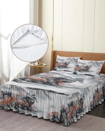 Bed Skirt Chinese Style Ink Painting Landscape Elastic Fitted Bedspread With Pillowcases Mattress Cover Bedding Set Sheet