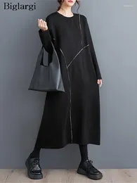 Casual Dresses Oversized Autumn Loose Long Dress Women Print Fashion Ruffle Pleated Ladies Sleeve Black Woman 2024