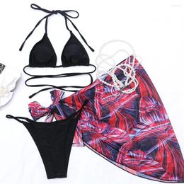 Women's Swimwear With Printed Sarong Halter Bikini Female Swimsuit Women Three-pieces Set Bather Bathing Suit Swim Lady K3230