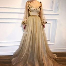 Gold Long Sleeves Gothic Prom Dresses Sheer Neck Flowers Tulle Long Sleeve Formal Evening Gowns Shiny Party Dress Robe De Mariee 244k