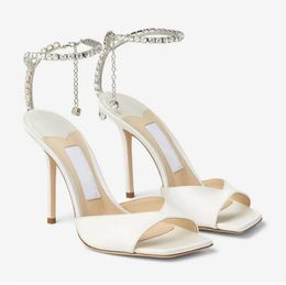 Summer Designer Sandals Women Shoes Luxury Saeda Sandal Ankle Straps with Glitter Crystal Stiletto Strappy High Heels Party Wedding Dress Lady Gladiator Sandalias