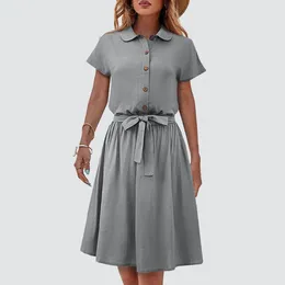 Party Dresses Women Daily Casual Lapel Collar Buttons Lace Up Bow Fitted Shift Shirt Dress With Pockets 1HA249