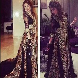 2018 Dubai Arabic Kaftan Black Chiffon Long Sleeve Evening Dresses Long Middle East Vestidos De Festa V-neck Muslim Prom Dress 2018 205r