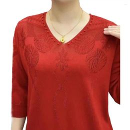 Women's Blouses Casual Loose Fit Top Elegant Mid-aged Floral Knit Pullover With V Neck Elastic Cuffs Soft Comfortable Three For Mothers