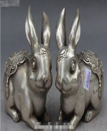 christmas Chinese Auspicious Silver Carving Zodiac Year Rabbit Rabbits Animal Statue Pair halloween9869842