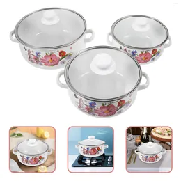 Double Boilers 3 Pcs Household Enamel Stew Pot Camping Cookware Mini Two Handle Stockpot Home Cooking Pans