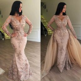 Sparkly Mermaid 2019 Lace Evening Dresses Long Sleeve V neck Lace Prom Dress With Detachable Train Formal Party Gowns 2429