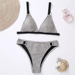 Women's Swimwear Silver Bikini Triangle Sexy Rings Swimsuit Y2K Gilding Trend Thong Women Bathing Suit 2-Piece Beachwear Vacation Outfit