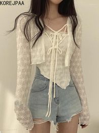 Women's Knits Korejpaa Korean Style Summer Gentle Temperament Irregular Lace Camisole Top Tie Up Long Sleeved Cardigan Jacket Two Piece Set