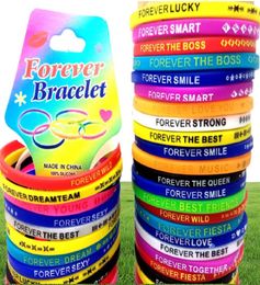 Bulk lots 100pcs Top Design Colourful Charm FOREVER Silicone Bracelets Rubber Sports Wristands Men Women Toys Bangles Birthday Xmas4749246