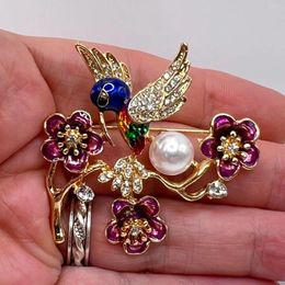 Brooches Hummingbird In Flower Brooch Pin Rhinestone Faux Pearl Enamel Costume Jewellery For Women