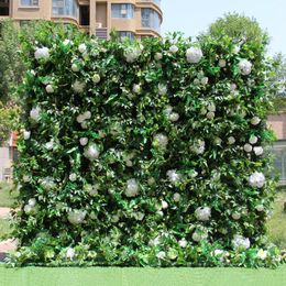 Decorative Flowers 5D White Rose Orchid Cloth Roll Up Flower Wall Curtain Hanging Fabric Green Plant Event Party Wedding Backdrop Decor