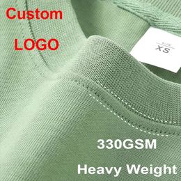 DIY Customised Thick Neckline Drop Shoulder Fine Decoration Style 330gsm High Quality Large Heavy Mens Street Clothing T-shirt 240511