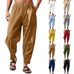 Men's Pants Male Daily Long Casual Cotton Linen Solid Colour Harem Pockets Elastic Waist Hawaiian Beachwear Trousers