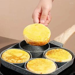 Pans 4 Hole Frying Pan Non Stick Breakfast Burger Egg Pancake Maker Wooden Handle Stone Four Omelet