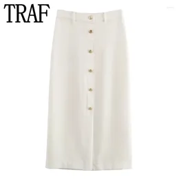 Skirts Woman White Midi Skirt With Slit Gloden Button High Waist Summer Elegant Long For Women Fashion Women's