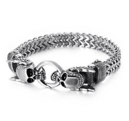 XMAS Gifts Crystals 316L Stainless steel casting Figaro lINK Chain bracelet double Skull End bangle bracelet mens boy Jewellery silv2958540