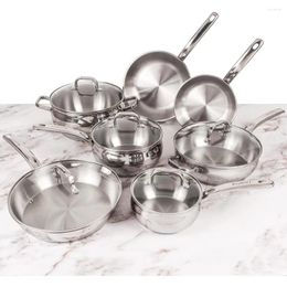 Cookware Sets Stainless Steel 12Pc Set Glass Lids Fast Evenly Heat Induction Cooktop Ready