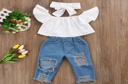New 3PCS Set Cute Baby Girls Fashion Children Girls Clothes Off Shoulder Crop Tops White Hole Denim Pant Jean Headband 3PCS Toddl7236629