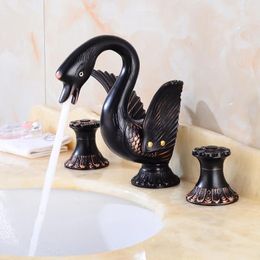 Bathroom Sink Faucets Widespread Basin Brass Luxury Golden/Black Bronze Swan Deck Mounted 3 Hole And Cold Water Taps