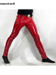 Men's Pants Mauroicardi Spring and Autumn Tight Set Sexy Shiny Reflective Elastic Red Patent Pu Leather Pants Mens Y2K Street Clothing Club ClothingL2405