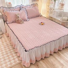 Bed Skirt 3pcs Cotton Padded Thickened Cartoon Pattern Printed Non Slip Sheets Household Large Protective Bedspread