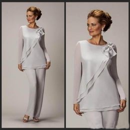 Modest Two Pieces Mother Of The Bride Pants Suit For Weddings Cheap Chiffon Mother's Groom Pantsuits Long Sleeve Mothers Outfits F 265N