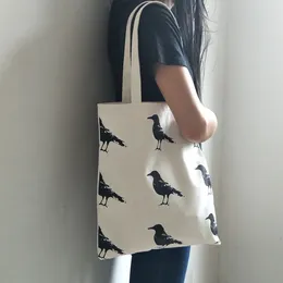 Shopping Bags Women Cotton Cloth Shoulder Bag Cute Brid Print Canvas Tote Female Zipper Shopper Handbag Eco Large For Girl