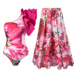 Women's Swimwear Women One Piece Swimsuits 2024 Ruffle Printed Shoulder Beachwear Cover Up Bikini Set Bathing Suit Skirt Monokini