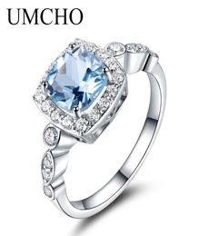 Umcho Real S925 Sterling Silver Rings For Women Blue Topaz Ring Gemstone Aquamarine Cushion Romantic Gift Engagement Jewellery C19021717232
