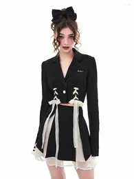 Work Dresses Skirt Outfits Temperament 2 Piece Sets Womens Roupas Femme Bandage Long Sleeve Coat Patchwork Gauze A-line Skirts Suit