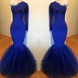 South African Royal Blue Prom Dresses Vintage Long Sleeve One Shoulder Mermaid Women Occasion Evening Gowns Designed Formal Wear 252e