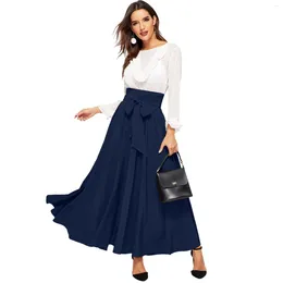 Skirts Elegant Front Lace Up Half Women Summer Fashion Pleated High Waist A-line Maxi Long Skirt Female Autumn Streetwear Faldas