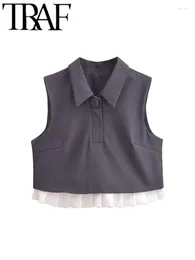 Women's Blouses Pleated Patchwork Women Sleeveless Blouse 2024 Summer Polo Collar Slim Female Crop Top Tanks Y2K Grey Short Shirt