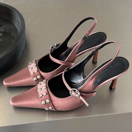 Rivet High Heeled Fashion Satin Elegant Party Slingback Sandals Women Summer Pointed Toe Pumps Office Muller Heels