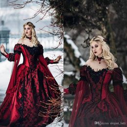 Sleeping Beauty Princess Mediaeval Burgundy and Black Gothic Wedding Dress Long Sleeve Lace Appliques Victorian masquerade Bridal Gowns 212G