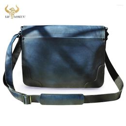 Bag Fashion Blue Genuine Leather Male Travel Messenger Satchel 13" Laptop School Book Cross-body Shoulder For Men 2088