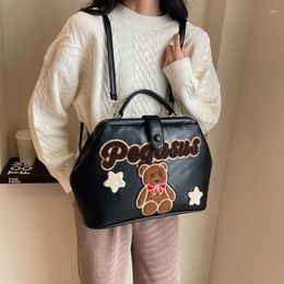 Shoulder Bags Cute Bear Embroidery Pu Leather Backpack Travel Bag Fashion Women Black Handbag Versatile Crossbody