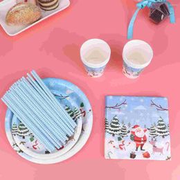 Disposable Dinnerware 69pcs Christmas Themed Printed Plate Paper Cup Nanpkin Straw Tableware Set For Party