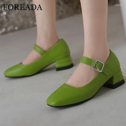 Dress Shoes FOREADA Women Mary Janes Pumps Square Toe Thick Mid Heel Buckle Glove Ladies Fashion Spring Autumn Black Beige Green