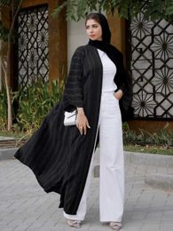 Ethnic Clothing Muslim Open Kimono Abaya Striped Retro Ethnic Cardigan Robe Dubai Middle Eastern Saudi Arabia Eid Clothes Black T240510