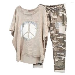 Women's Two Piece Pants 2pcs/Set Women Blouse Camouflage Printed T-shirt Set Drawstring Asymmetrical Summer Outfit Streetwear For Daily Wear