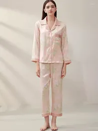 Home Clothing Long Flower Print Mulberry Silk Pyjamas Satin Night Wear Suit Pink Pyjama Set For Women Luxury Nature Sleepwear