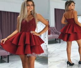 New Dark Red Homecoming Dresses with Spaghetti Straps Tiered Skirts Sequins Lace Appliqued Short Prom Formal Gown BC00028699005