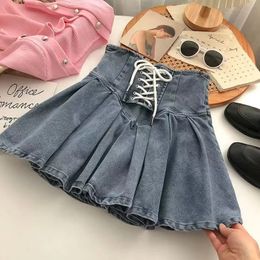 Spring Autumn Girls Pleated Skirt Baby Denim Skirt Kids Skort Children Fashion Bottoms Stretchable Waist Lacing 3-14Y 240506