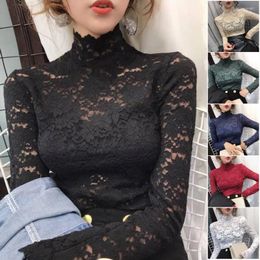 Women's Blouses Stylish Tunic Top Half High Collar Elastic Lightweight Floral Crochet Lace Women